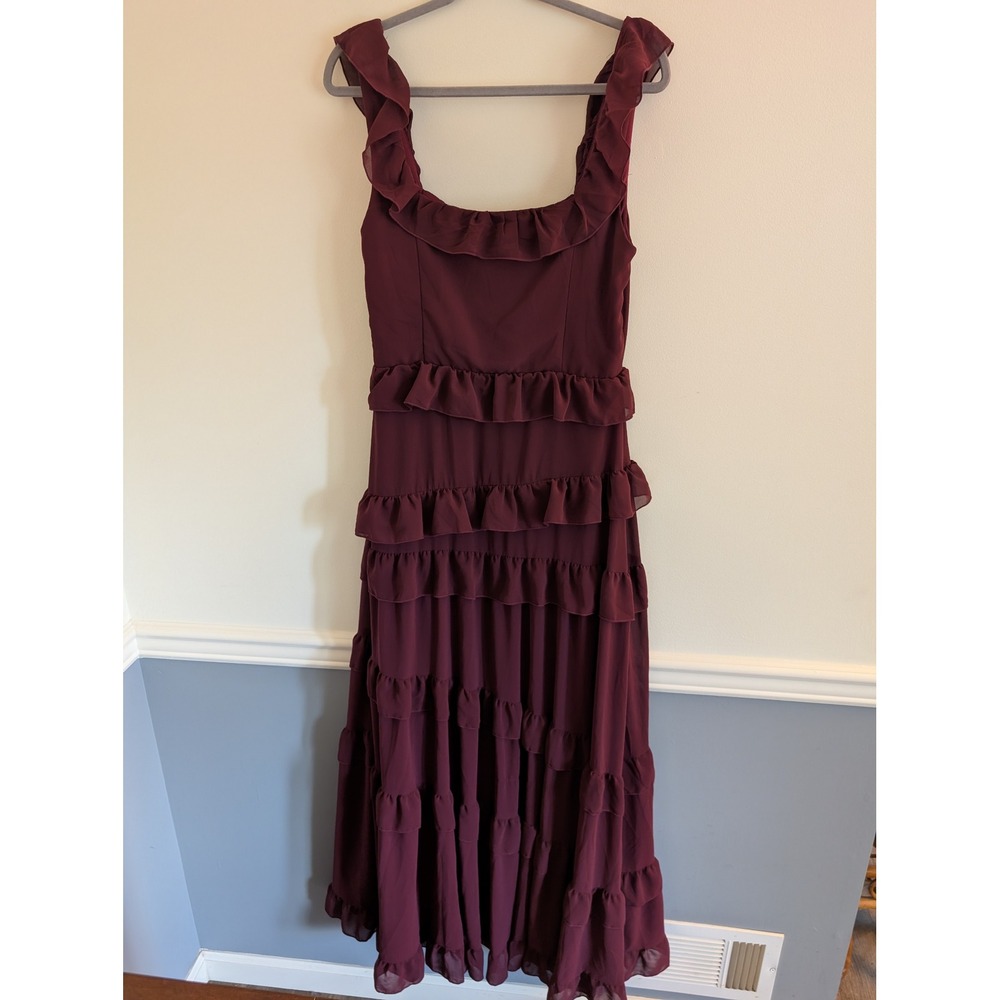 Lulus Compelling Romantic Burgundy Ruffled Tiered Maxi Dress Gown Size L NWT - Picture 9 of 9